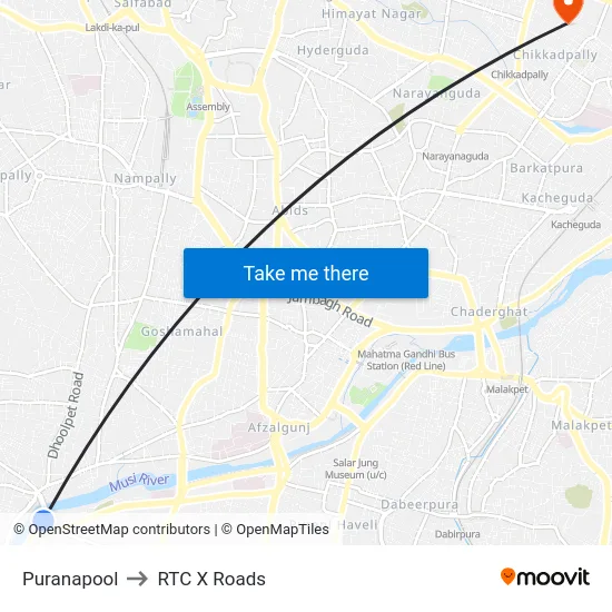 Puranapool to RTC X Roads map