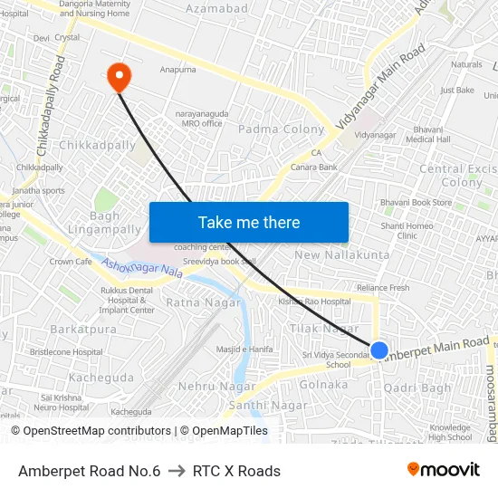 Amberpet Road No.6 to RTC X Roads map