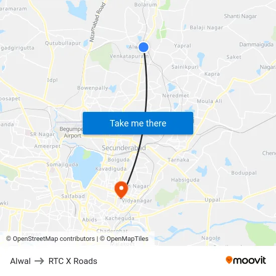 Alwal to RTC X Roads map