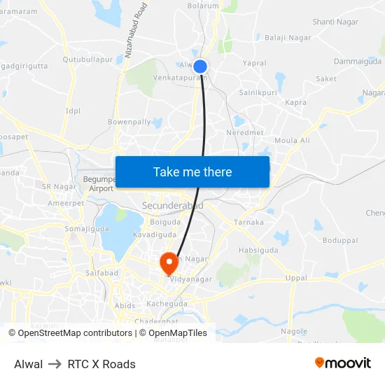 Alwal to RTC X Roads map