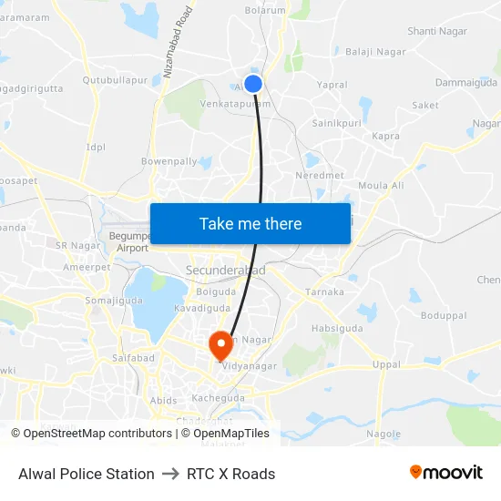 Alwal Police Station to RTC X Roads map