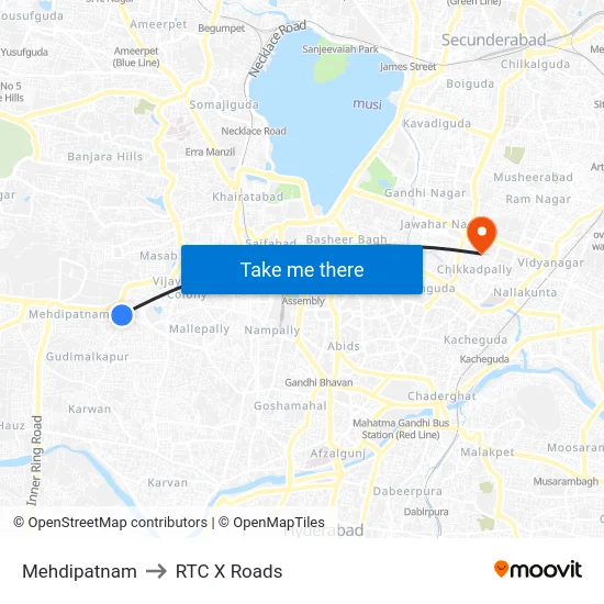 Mehdipatnam to RTC X Roads map