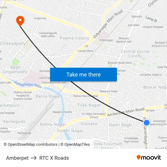 Amberpet to RTC X Roads map