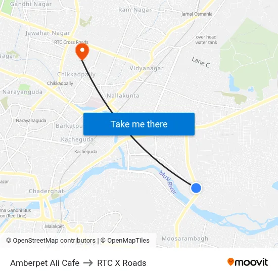 Amberpet Ali Cafe to RTC X Roads map