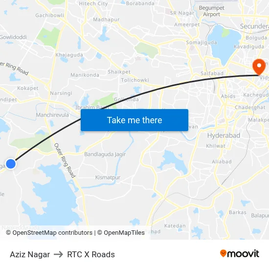 Aziz Nagar to RTC X Roads map