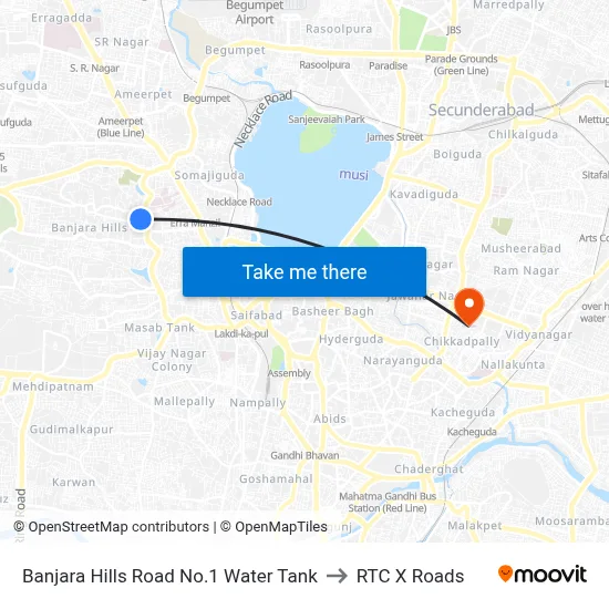 Banjara Hills Road No.1 Water Tank to RTC X Roads map