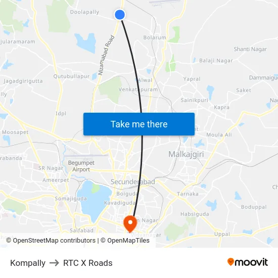 Kompally to RTC X Roads map