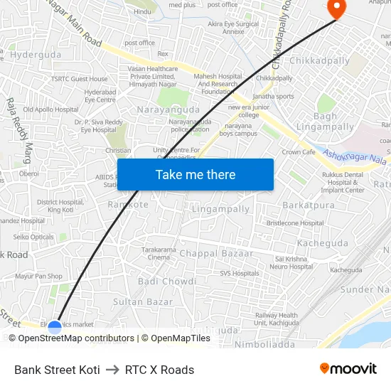 Bank Street Koti to RTC X Roads map