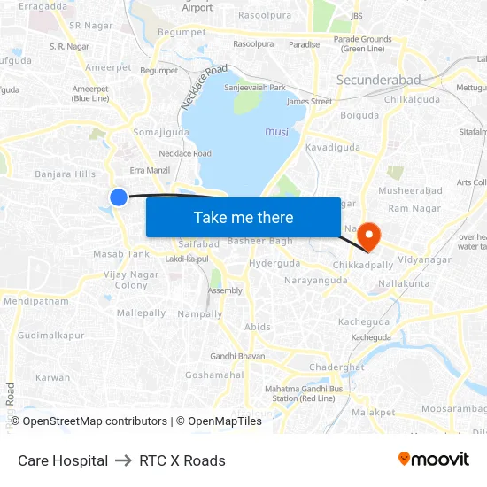 Care Hospital to RTC X Roads map