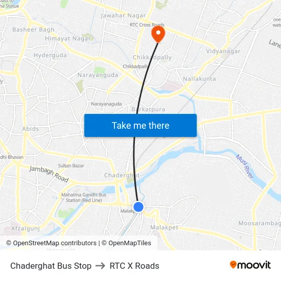 Chaderghat Bus Stop to RTC X Roads map