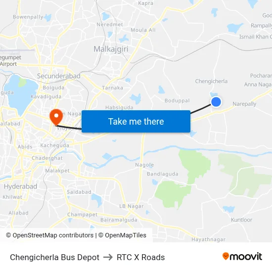 Chengicherla Bus Depot to RTC X Roads map