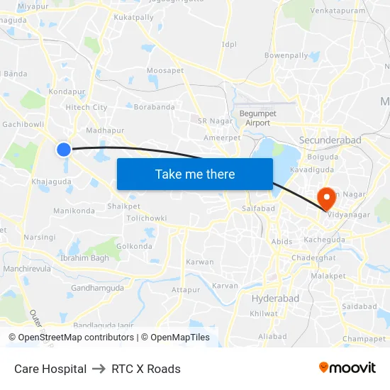 Care Hospital to RTC X Roads map