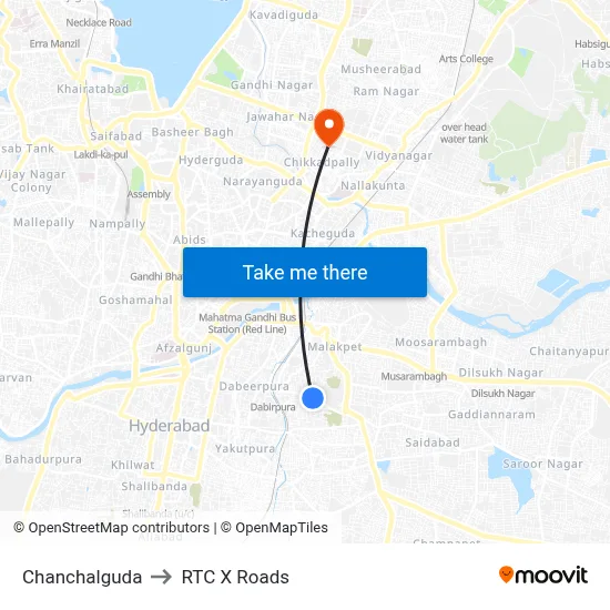 Chanchalguda to RTC X Roads map