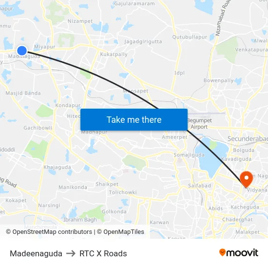Madeenaguda to RTC X Roads map