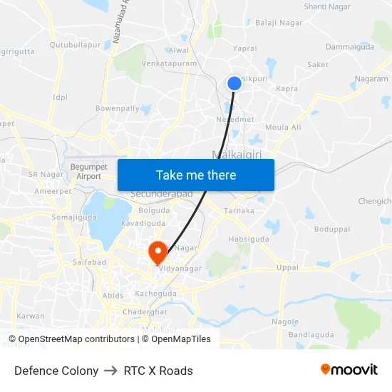 Defence Colony to RTC X Roads map