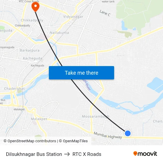 Dilsukhnagar Bus Station to RTC X Roads map