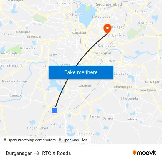 Durganagar to RTC X Roads map