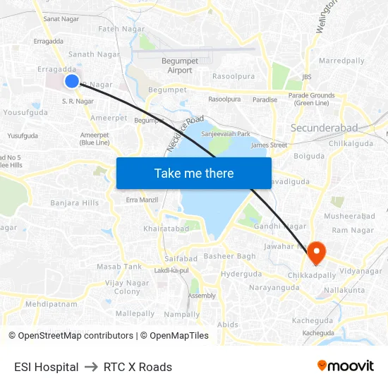 ESI Hospital to RTC X Roads map