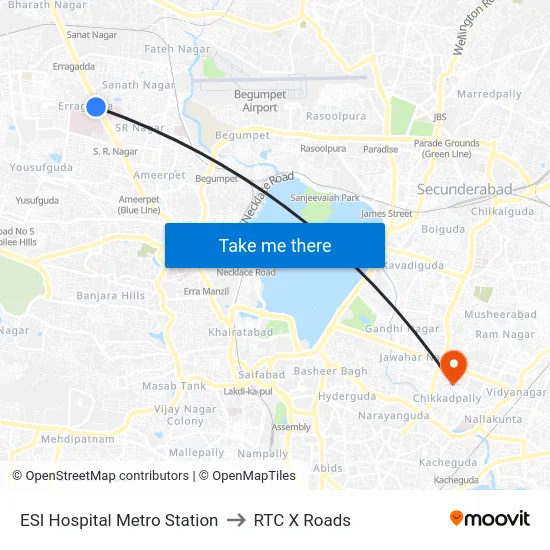 ESI Hospital Metro Station to RTC X Roads map