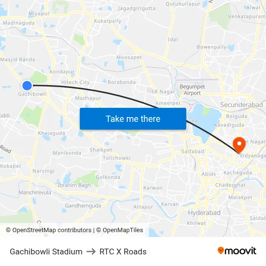 Gachibowli Stadium to RTC X Roads map