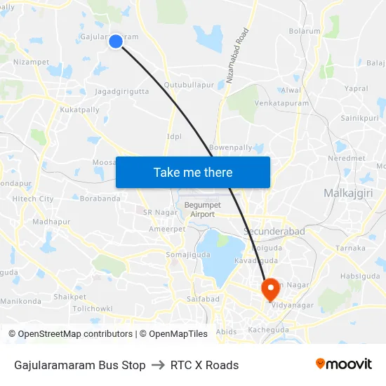 Gajularamaram Bus Stop to RTC X Roads map