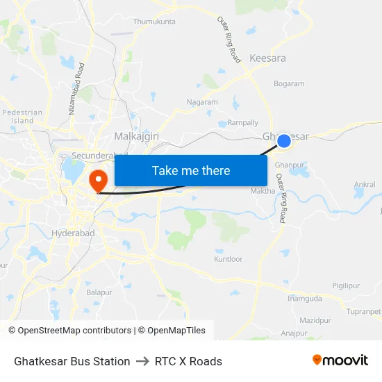 Ghatkesar Bus Station to RTC X Roads map