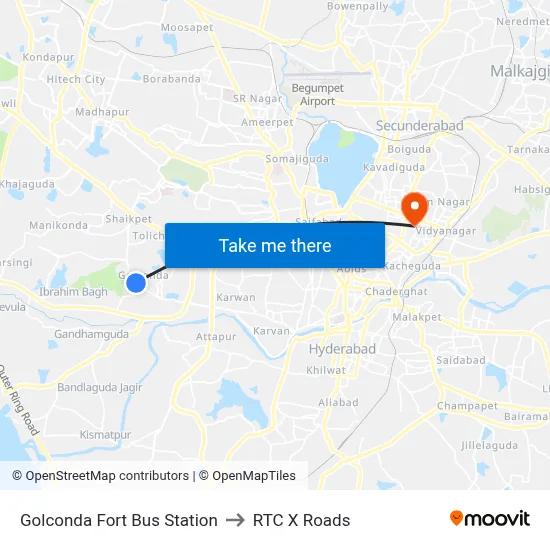 Golconda Fort Bus Station to RTC X Roads map
