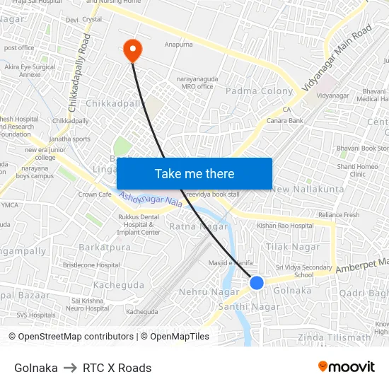 Golnaka to RTC X Roads map