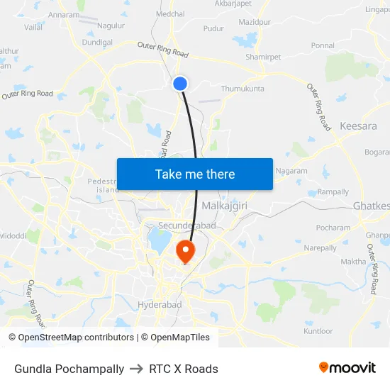 Gundla Pochampally to RTC X Roads map