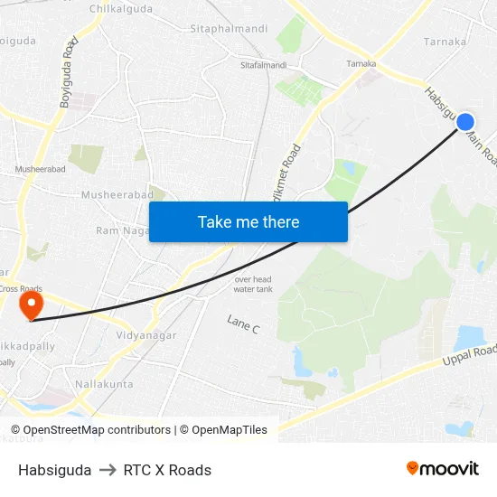 Habsiguda to RTC X Roads map