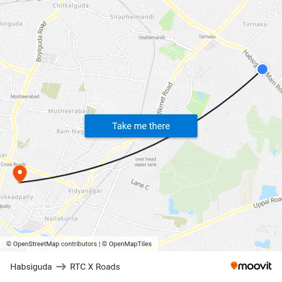 Habsiguda to RTC X Roads map