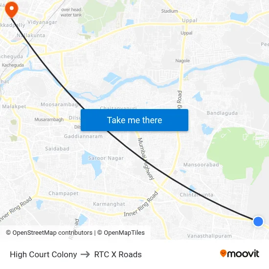 High Court Colony to RTC X Roads map