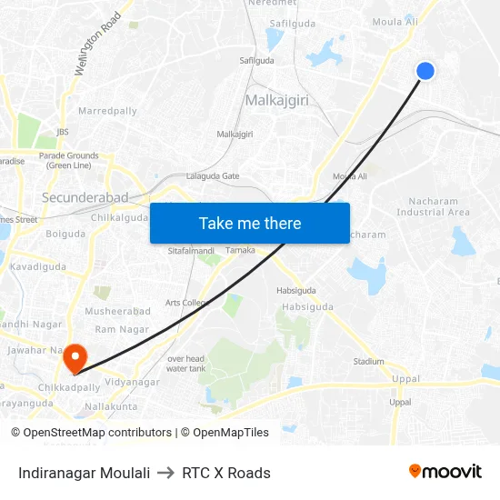 Indiranagar Moulali to RTC X Roads map