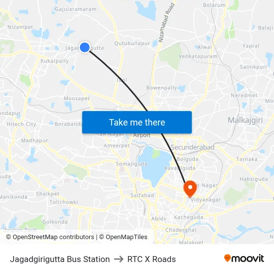 Jagadgirigutta Bus Station to RTC X Roads map