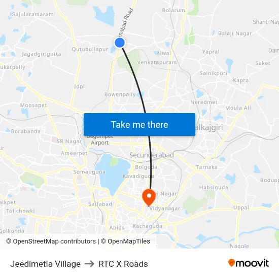 Jeedimetla Village to RTC X Roads map
