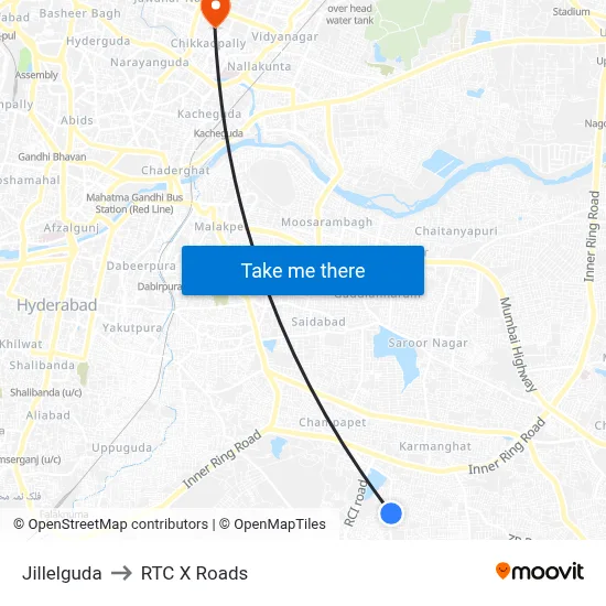 Jillelguda to RTC X Roads map