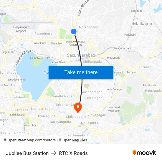 Jubilee Bus Station to RTC X Roads map