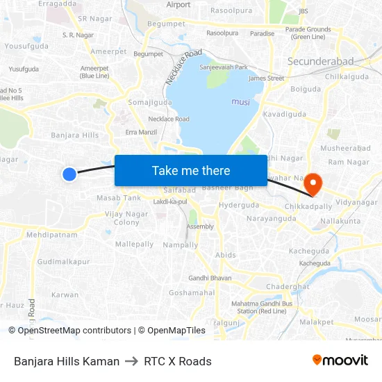 Banjara Hills Kaman to RTC X Roads map