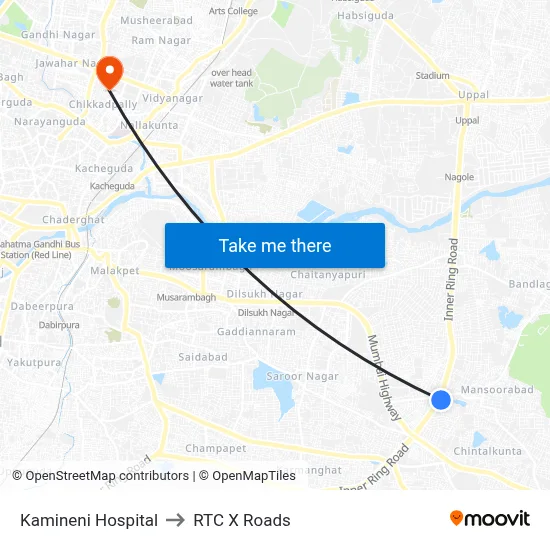 Kamineni Hospital to RTC X Roads map