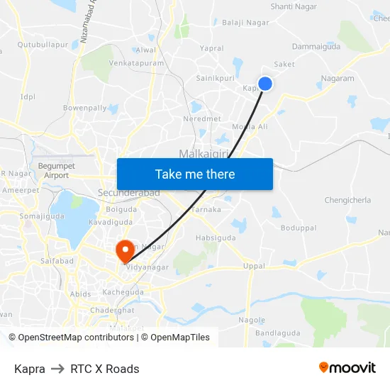 Kapra to RTC X Roads map