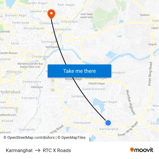 Karmanghat to RTC X Roads map