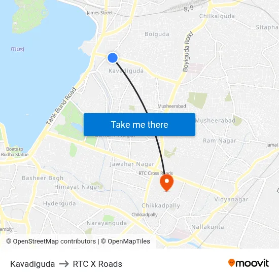 Kavadiguda to RTC X Roads map