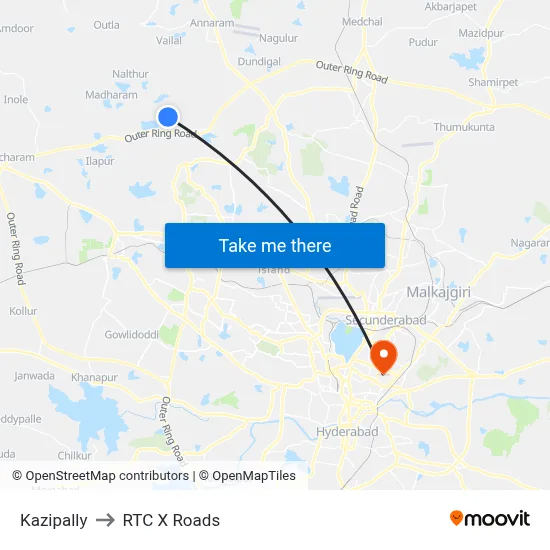 Kazipally to RTC X Roads map