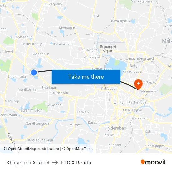 Khajaguda X Road to RTC X Roads map