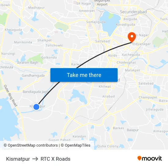 Kismatpur to RTC X Roads map