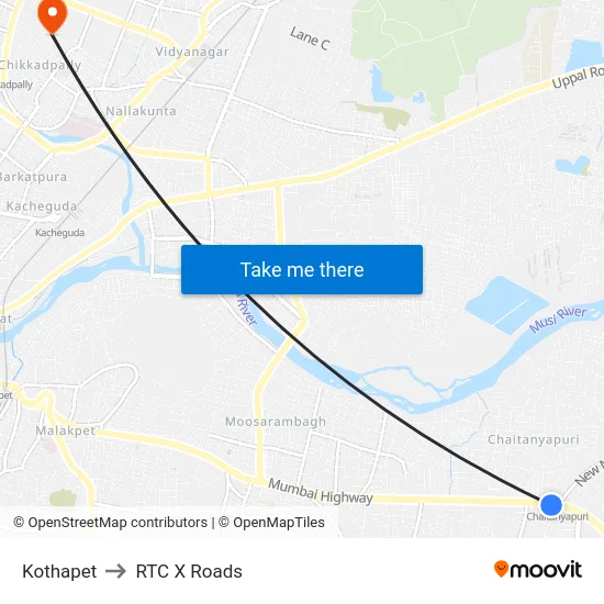 Kothapet to RTC X Roads map