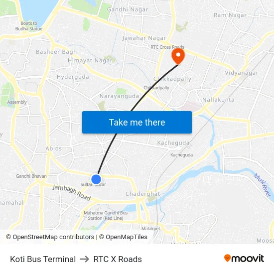 Koti Bus Terminal to RTC X Roads map
