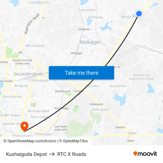 Kushaiguda Depot to RTC X Roads map