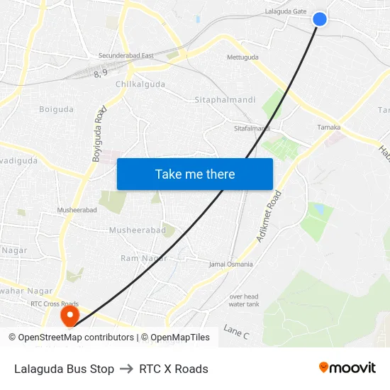 Lalaguda Bus Stop to RTC X Roads map