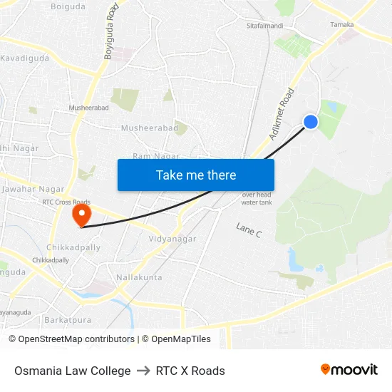 Osmania Law College to RTC X Roads map